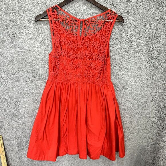 Moulinette Soeurs fit flare dress 6P red floral crochet pockets boho tomato girl - Picture 2 of 9